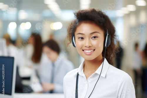 Woman wearing headset stands in front of computer. This image can be used to depict customer service, call center operations, or remote work. Free Download Woman wearing headset stands in front of computer. This image can be used to depict customer service, call center operations, or remote work. - GFXLoad