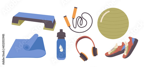 Sport equipment for cardio training, fitball, step platform, sneakers, skipping rope and mat