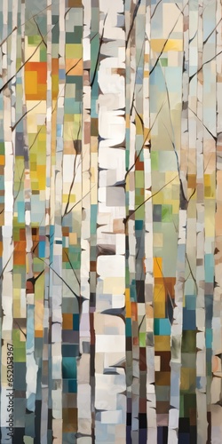 Abstract colorful geometric illustration of birch trees, birch tree forest, vertical or portrait aspect ratio. Generative AI. 