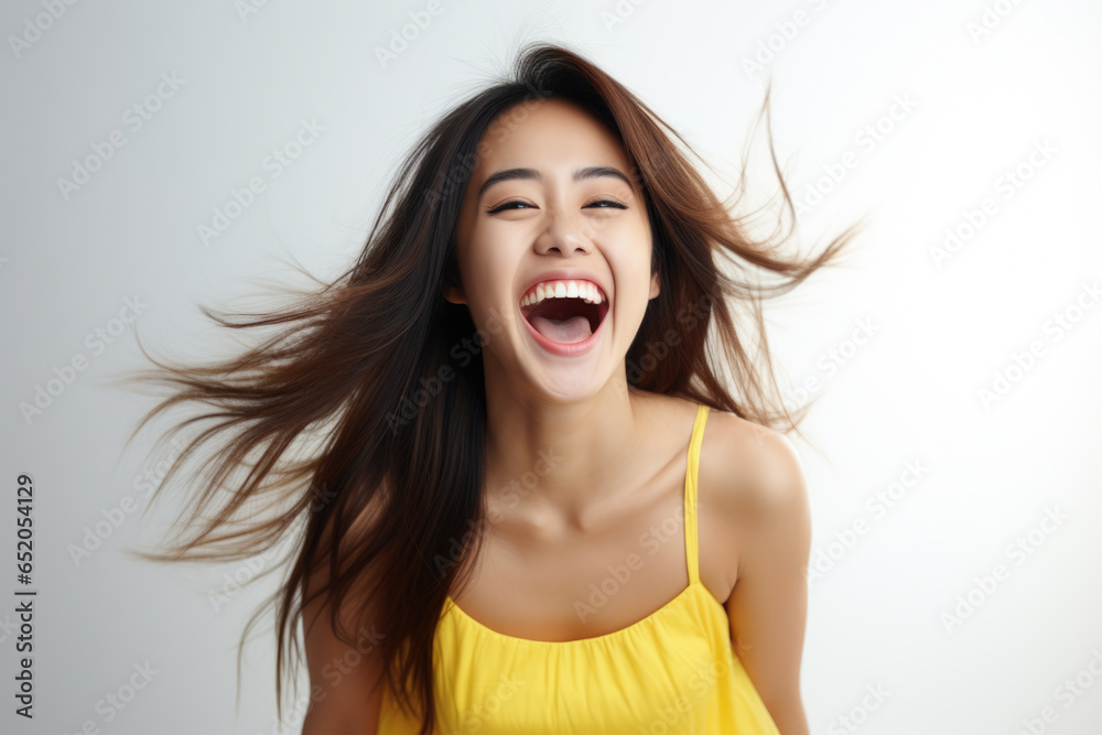 Joyful woman laughing while her hair is blowing in wind. Perfect for expressing happiness and freedom. Joyful woman laughing while her hair is blowing in wind. Perfect for expressing happiness and freedom.