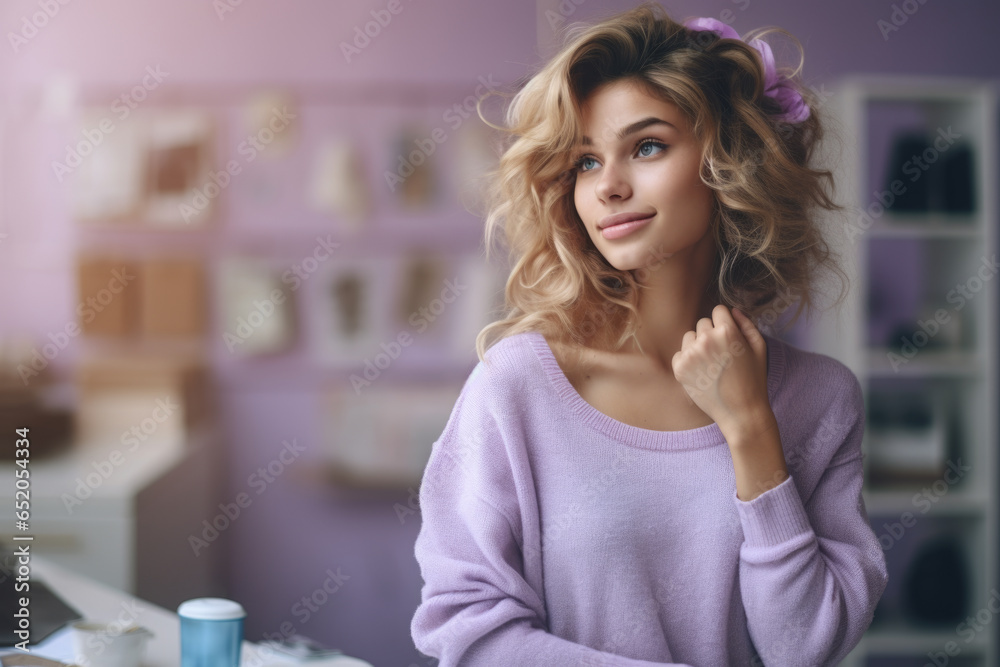 Woman is pictured with beautiful flower delicately placed in her hair. This image can be used to represent femininity, beauty, nature, or fashion accessories.