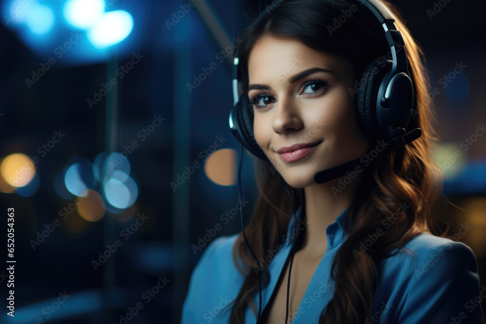 Woman is pictured wearing headset in dark room. This image can be used to represent concepts such as communication, technology, call center, or virtual reality. Woman is pictured wearing headset in dark room. This image can be used to represent concepts such as communication, technology, call center, or virtual reality.