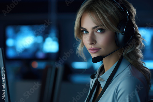 Woman wearing headset sits in front of computer, focused on her work. This image can be used to depict customer service, call center, or remote work scenarios.