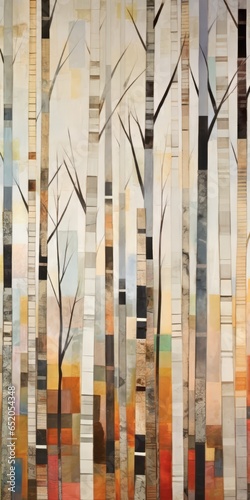 Abstract colorful geometric illustration of birch trees, birch tree forest, vertical or portrait aspect ratio. Generative AI.
