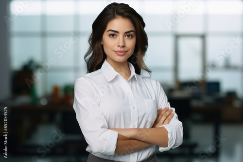 Woman wearing white shirt stands with her arms crossed. This versatile image can be used to represent confidence, professionalism, and determination. Free Download Woman wearing white shirt stands with her arms crossed. This versatile image can be used to represent confidence, professionalism, and determination. - GFXLoad