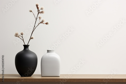 Two vases placed on wooden table, suitable for home decor or floral arrangements.