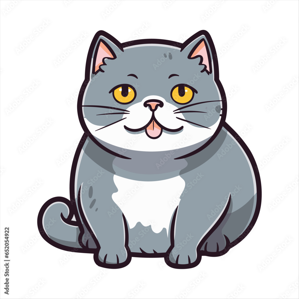Obraz premium Cute British Fold Shorthair Cat Breed Colorful Watercolor Funny Face Cartoon Kawaii Clipart Illustration