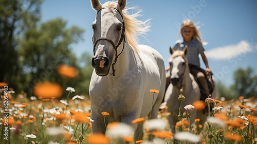  Horseback riding, family active recreation. Horse racing and goloping as entertainment. Tourism and entertainment by the lake. Even-toed ungulates and people relax in nature. Recreational activities