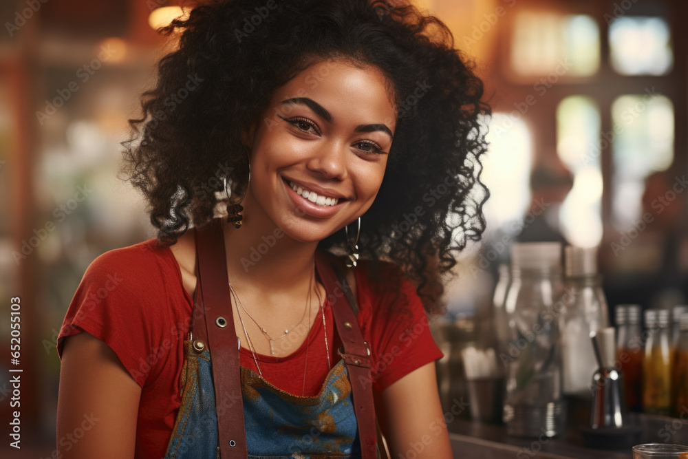 Woman sitting at bar with joyful expression on her face. This image can be used to showcase fun night out or to illustrate socializing in casual setting.
