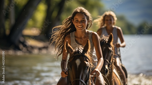
Horseback riding, family active recreation. Horse racing and goloping as entertainment. Tourism and entertainment by the lake. Even-toed ungulates and people relax in nature. Recreational activities