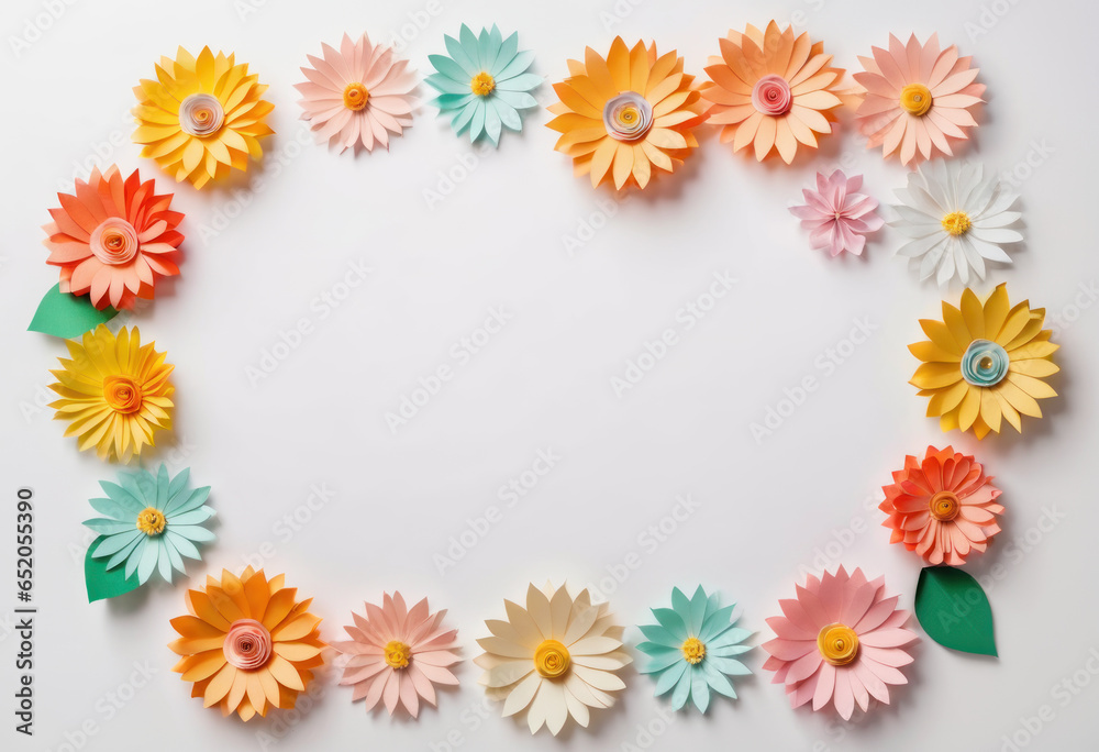 Encadrement de fleurs en papier colorées sur un fond blanc