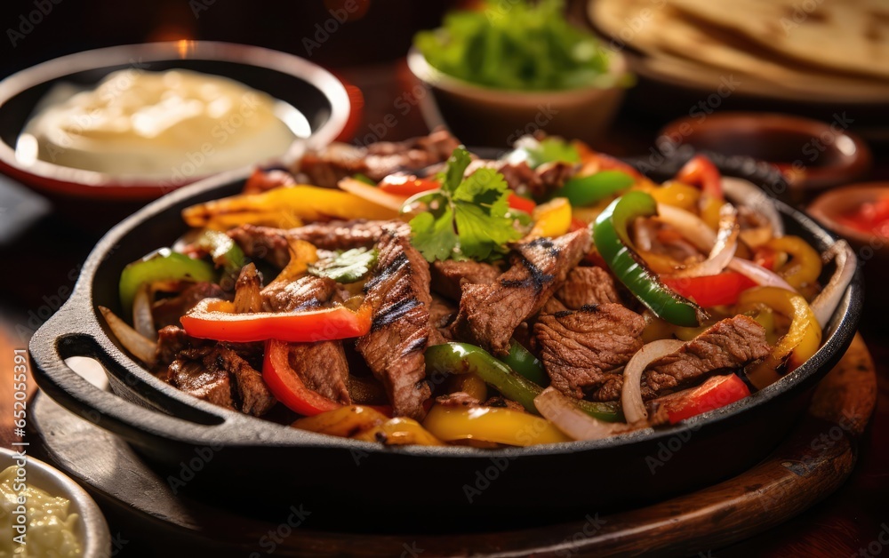 A sizzling skillet of fajitas served with tortillas and toppings on a Mexican restaurant table A sizzling skillet of fajitas served with tortillas and toppings on a Mexican restaurant table