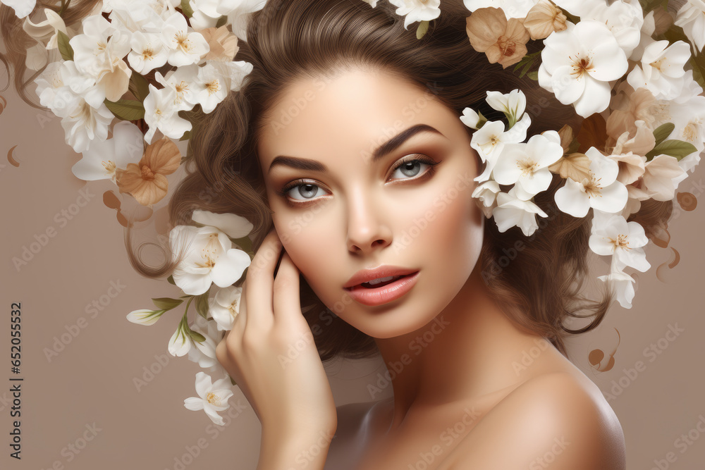 Beautiful woman with flowers in her hair. This image can be used for various purposes, such as fashion, beauty, nature, or spring-themed projects.