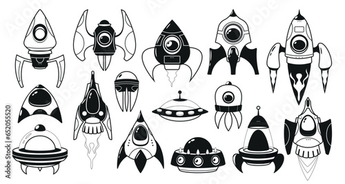 Space-themed Black And White Game Icons Set, Feature Futuristic Spaceships, Each With Unique Designs And Capabilities