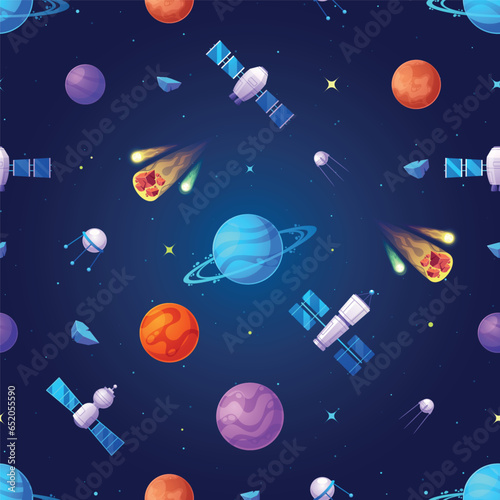 Seamless Pattern With Cosmic Elements Such As Stars, Planets, And Galaxies, Meteorites, And Satellites, Vector