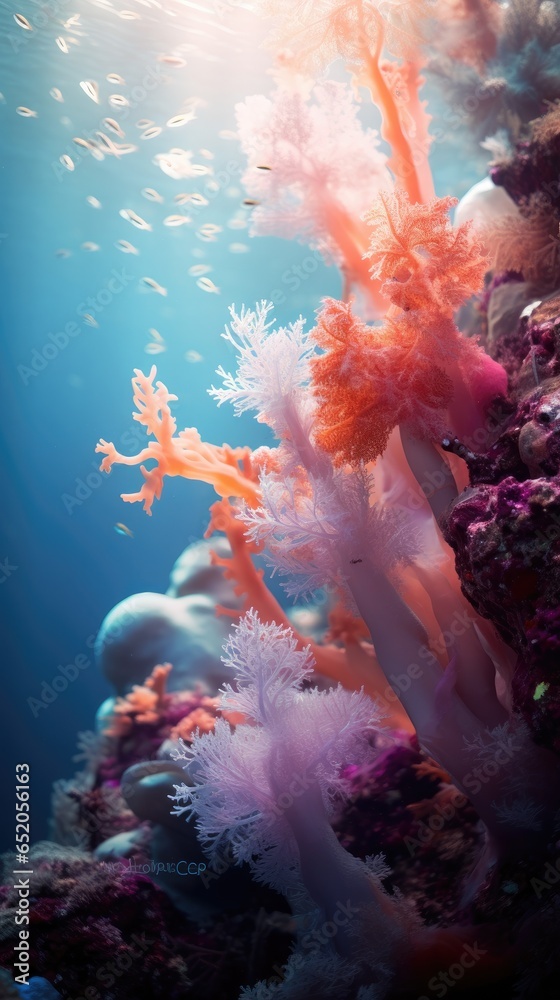 Naklejka premium A group of corals in a blue ocean. Generative AI.