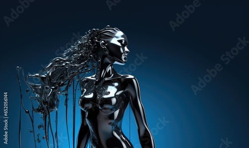 Cascading liquid metall engulfing a futuristic abstract bodyfitness model silhouette, futuristic texture