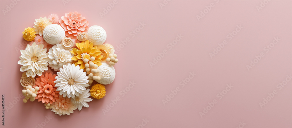 Pink yellow paper flowers bouquet on pink background, spring summer background