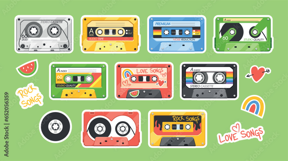 Vintage Audio Cassette Stickers Collection. Retro Labels For Classic