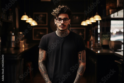 Handsome young tattooed hipster bartender in pub