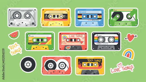 Vintage Audio Cassette Stickers Collection. Retro Labels For Classic Cassette Tapes, Perfect For Nostalgia-themed Design