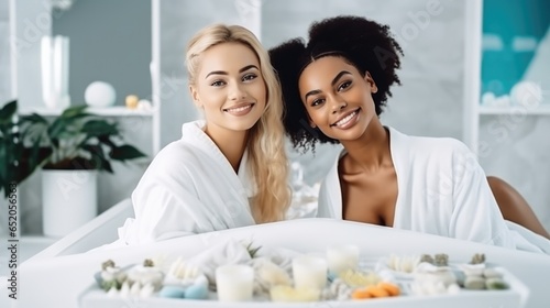Two girlfriends relaxing in a spa salon. photo