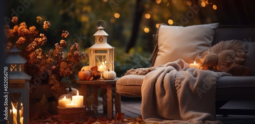 Autumn terrace with couch and candles in the fall garden