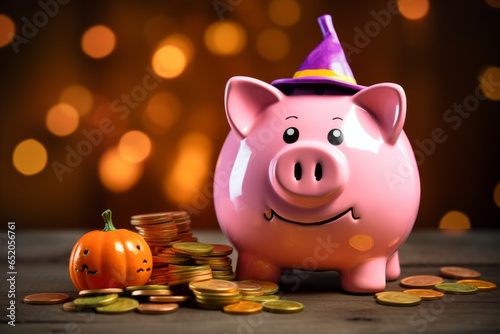 The pink money-saving piggy is Halloween festive, donning a costume and having a pumpkin by its side.