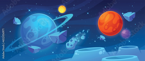 Cartoon Vibrant Space Background With Colorful Planets, Meteorites And Twinkling Stars In Dark Sky With Nebula