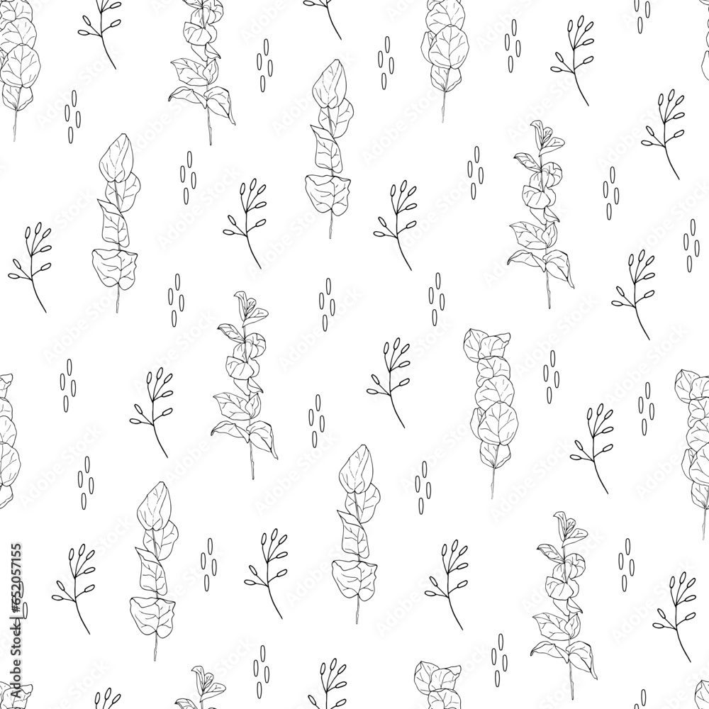 Eucalyptus twigs on white background. Hand-drawn vector illustration. Seamless pattern.
