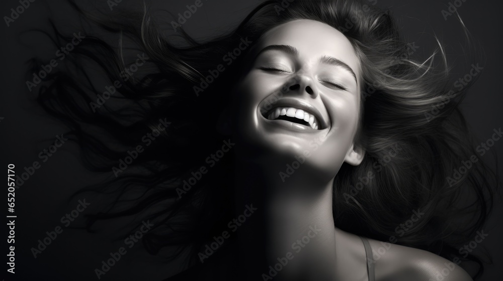Portrait of a laughing red-haired young woman. Joy and happiness concept. Black and white stylish portrait.