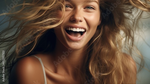 Portrait of a laughing red-haired young woman. Joy and happiness concept.