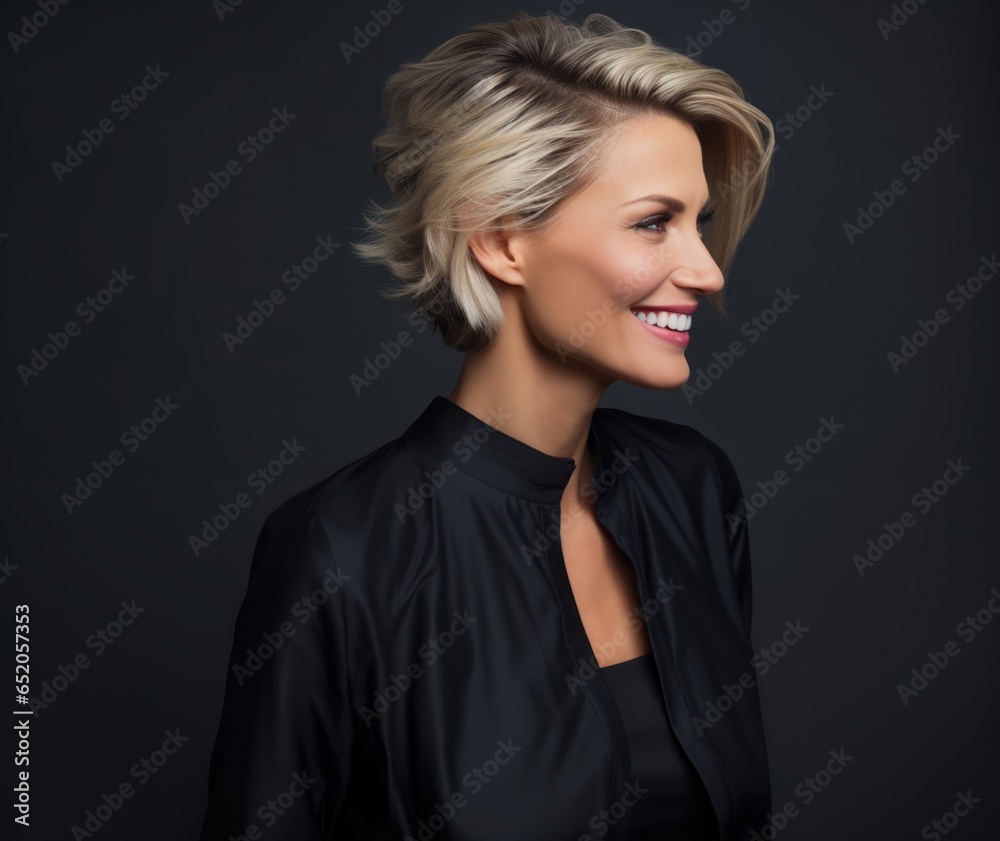 Studio portrait of a middle-aged blond smiling woman in a black blouse on a dark background. Business style.