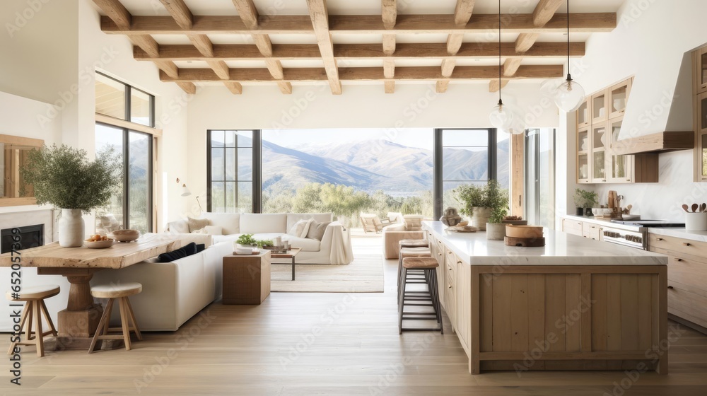 Obraz premium luruxy rural modern farmhouse open plan kitchen with historic wood beams and features