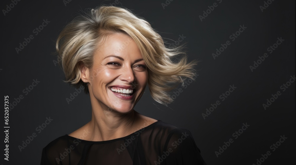 Studio portrait of a middle-aged blond smiling woman in a black blouse on a dark background. Business style. Studio portrait of a middle-aged blond smiling woman in a black blouse on a dark background. Business style.