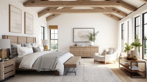 luruxy rural modern farmhouse master bedroom with historic wood beams and features photo