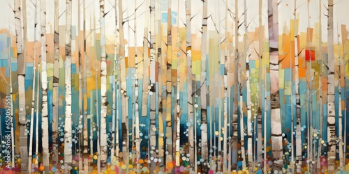 Abstract colorful geometric illustration of birch trees, birch tree forest, horizontal or landscape aspect ratio. Generative AI.
 photo