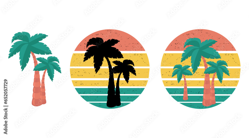 Palm trees on bright retro circle with faded paper effect set. Collection for travel. Vector illustration