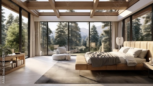 luxury modern open plan bedoom with rich natural light wooden beams and minimalist features view of pine forest © Fred