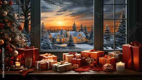 Zauberhafte Weihnachtsmomente: Perfekt verpackte Weihnachtsgeschenken vor einer Schneeszene, eingehüllt in die warme Atmosphäre der Feiertage. Besinnliche und festliche Stimmung 