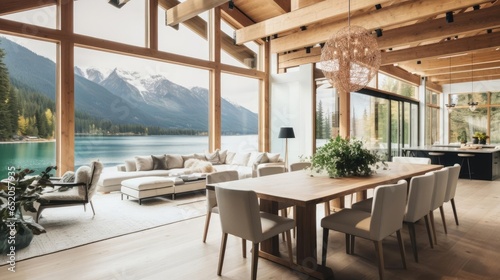 luxury modern open plan dining room with rich natural light wooden beams and minimalist features