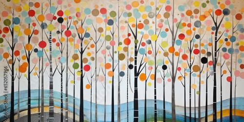 Abstract colorful geometric illustration of birch trees, birch tree forest, horizontal or landscape aspect ratio. Generative AI.
