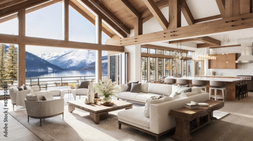 Obraz premium luxury modern open plan living room with rich natural light wooden beams and minimalist features