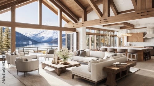 luxury modern open plan living room with rich natural light wooden beams and minimalist features