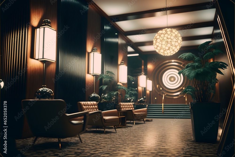cinematic close up of a futuristic 60s hotel lobby interior at night vintage moody 8K highly detailed very realistic oldschool vintage cinema style retro film grain  - obrazy, fototapety, plakaty 