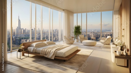 Modern penthouse apartment bedroom with expansive view of cityscape