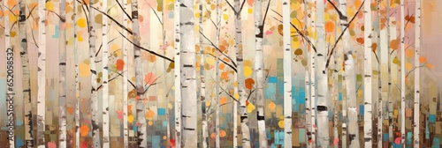 Abstract colorful geometric illustration of birch trees, birch tree forest, panoramic or landscape aspect ratio. Generative AI.
