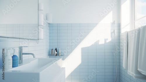 Fragment of a modern luxury bathroom with white tile walls. White countertop sink, chrome faucet, various bottles and dispensers. Close-up. Contemporary interior design. 3D rendering.