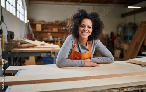 Positive confident woman working in joinery workshop