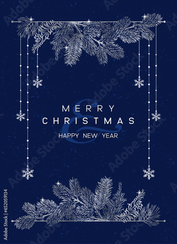 Vector vertical card of Christmas Background with branches of christmas tree and silver elements.